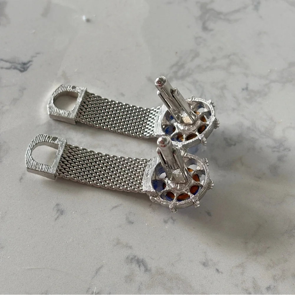 Vintage Swank Chain Mesh Blue Crystal Cufflinks-Silver Tone